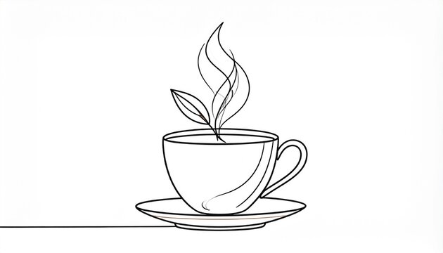 Minimalist continuous line art drawing of a steaming teacup on a saucer with tea leaves, hot beverage illustration.