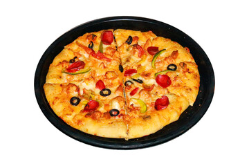 Pizza on a black plate, isolated on a white background