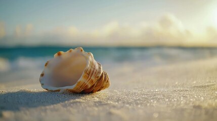 Seashell on sandy beach at sunset. (1)
