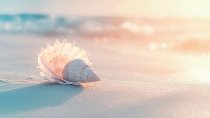 Seashell on sandy beach at sunset.