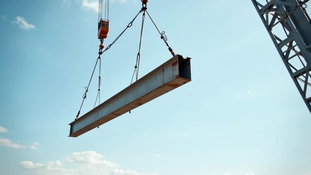 Construction site crane lifting steel beam on a bright day, construction site showing industrial process.
