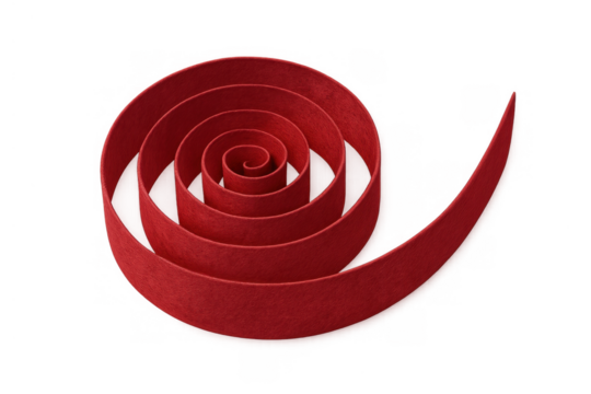 Red felt ribbon unwinding in a spiral, abstract decorative element with transparent background