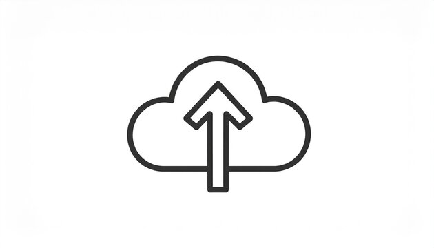 Cloud upload icon with upward arrow. Digital data transfer, online storage, backup, and cloud computing symbol. Line art design.