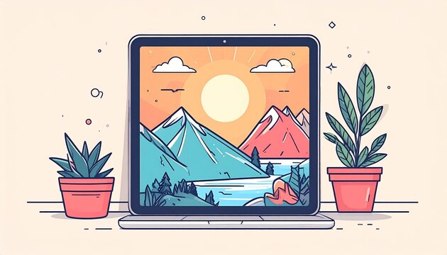 Digital illustration: Laptop screen with flat design mountain landscape, lake, sun, and potted plants