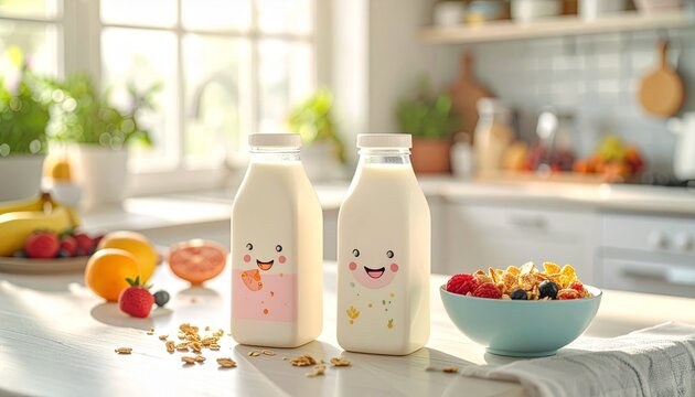 Two adorable milk bottles with cute smiling faces, healthy cereal, and fresh fruit on a bright kitchen counter for breakfast. - Powered by Adobe