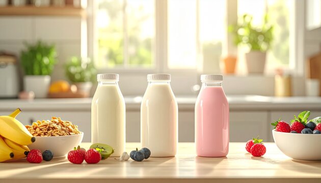 Wholesome breakfast: Bottles of milk and yogurt drinks with fresh fruits and cereal on a sunlit kitchen counter