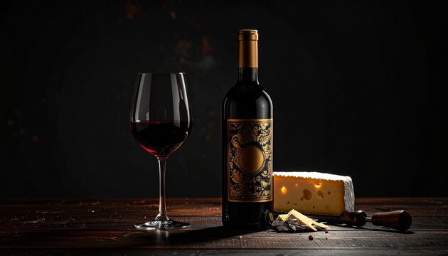 Elegant still life of red wine bottle, glass with wine, and artisanal cheese on a dark rustic wooden table, gourmet pairing.