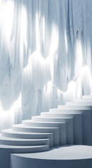 A surreal ice cave with cascading formations and a white staircase leading upwards
