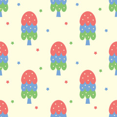 Colorful Pine tree and tiny flowers seamless pattern.Scandinavian woodland folk design.Abstract simple background.Nature forest illustration for print decor,wallpaper,happy Christmas holiday,wrapping