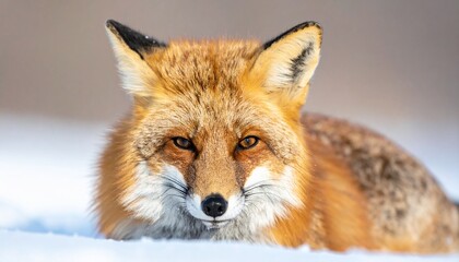 Obraz premium Wild red fox gazes directly at the camera with intense eyes in a pristine white winter wonderland.