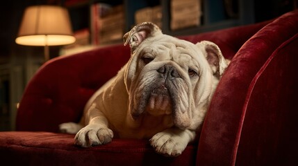 Cream bulldog relaxing red chair