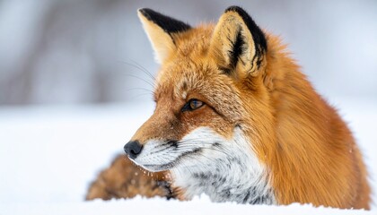 Obraz premium Vibrant red fox looks intently in a serene snowy winter forest, showcasing its beautiful fur and sharp senses.