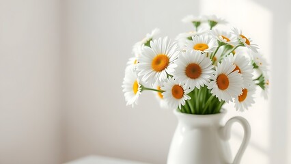 Delicate daisy bouquet in a white vase, softly lit with a dreamy blurred background.