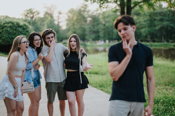 Obraz premium A group of friends is enjoying themselves outdoors, laughing together, while another individual stands slightly apart, appearing thoughtful. The scene evokes themes of group dynamics, inclusion, and