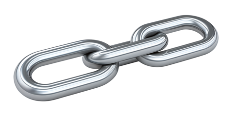 Close up of two interlocking metal chain links showing metallic texture isolated on transparent background