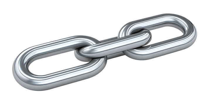 Close up of two interlocking metal chain links showing metallic texture isolated on transparent background