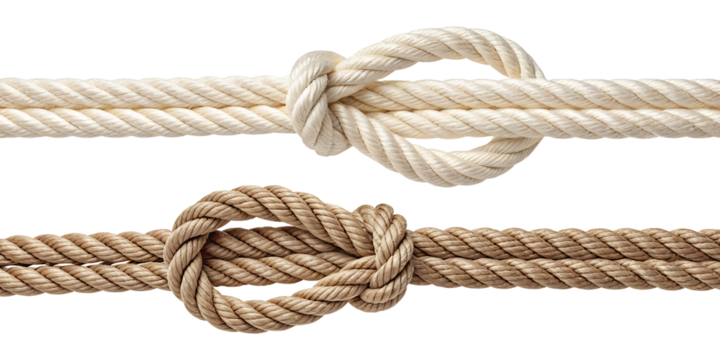 Two different rope knots tied on thick strands isolated on transparent background