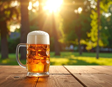 A large, full stein of golden beer with a frothy head sits on a wooden table, with a blurred green park in the background and a bright sunburst