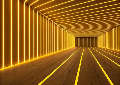 Illuminated yellow neon light tunnel with parallel lines creating a futuristic and abstract perspective leading into the distance - Powered by Adobe