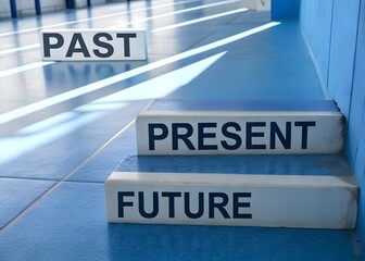 Symbolic representation of time progression with the words past present and future written on ascending steps leading upwards