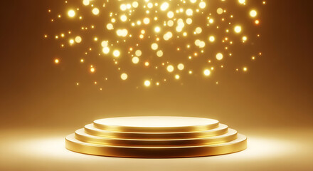 Golden podium with sparkling lights and bokeh effect