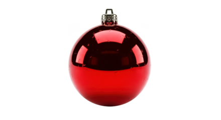 A shiny red oval shaped christmas ornament with a reflective surface isolated on transparent background