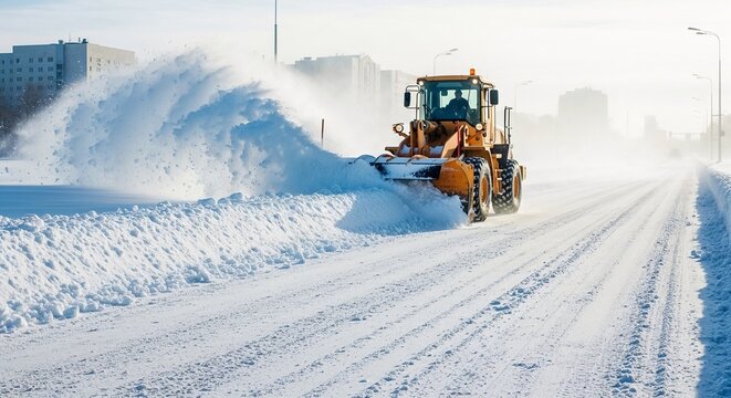 Snowplow clearing snow on urban street during winter morning  