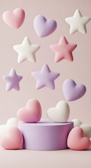 Cute pastel hearts and stars floating on a soft pink background