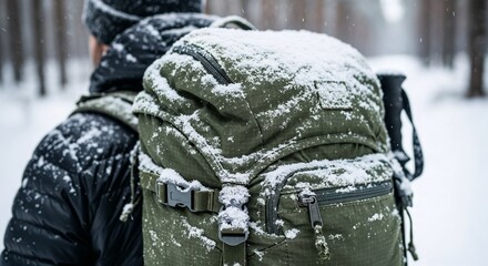Person with green backpack in snowy forest during winter  