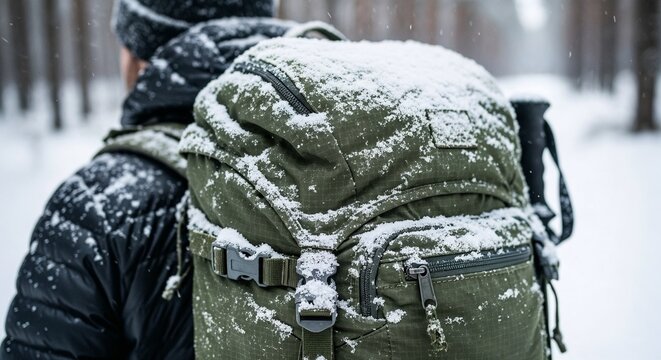 Person with green backpack in snowy forest during winter - Powered by Adobe