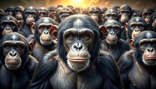 A large gathering of chimpanzees gaze towards the viewer against a background of blurred sunlight. Close-up on several focused faces