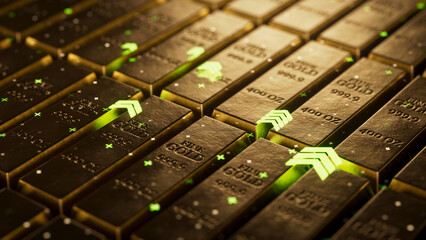 Gold Bars With Rising Green Arrows Signaling Rising Gold Prices. Wealth Growth and Investment Momentum