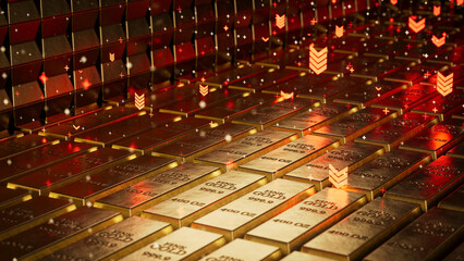 Gold Bars Stacked in a Vault With Red Arrows Pointing Down Symbolizing Falling Gold Prices, Market's Decline