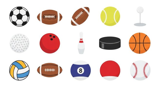 Collection of various sports equipment, including balls, pucks, and pins, for recreational activities. - Powered by Adobe