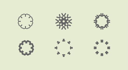 Collection of six geometric ornate circular decorative emblems and icons