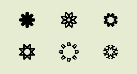 Set of six black geometric floral starburst icons on a light background