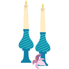 Two Tall Cream Colored Candles In Teal Blue Candlesticks With A Pink Lily Flower Below On White Background