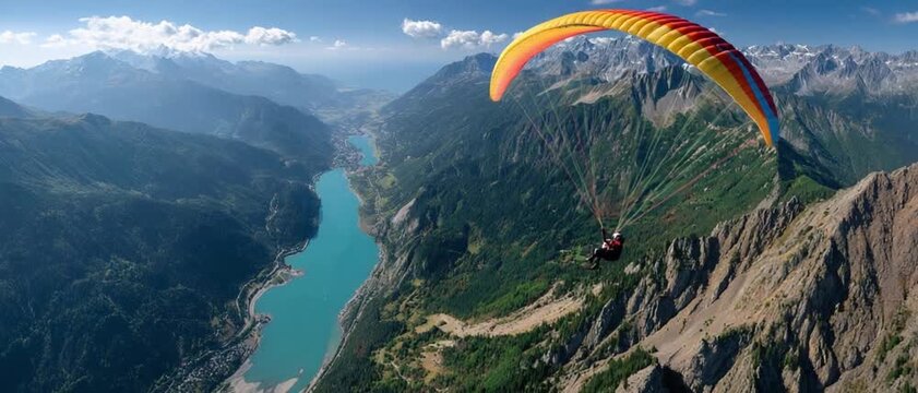 Soaring Over Mountains: A paraglider enjoys breathtaking aerial views above a majestic mountainous landscape, where vibrant colors of nature unfold beneath the billowing canopy.