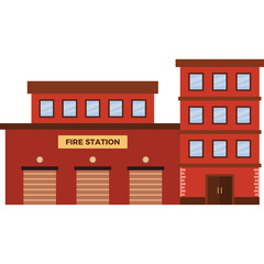 Red Brick Fire Station Building with Garage Doors and Windows on a Transparent Background