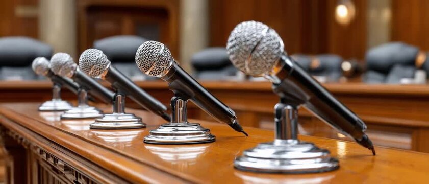 Microphones Array: A precise row of microphones stands ready on a wooden desk. Capturing an atmosphere of anticipation, this image symbolizes the essence of communication, public speaking.