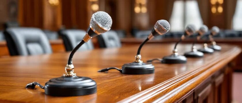 Setting the Stage: A row of microphones awaits, poised on a polished wooden table, creating a sense of anticipation and readiness within a stately room.
