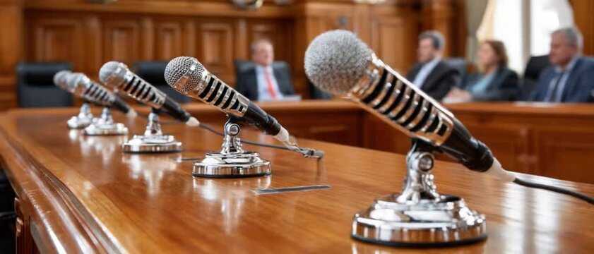 The Power of Words: A row of microphones stand ready on a polished wooden table, the setting for a conference, ready to capture every word.