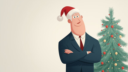 Cheerful cartoon businessman in Santa hat standing near Christmas tree with copy space, perfect for corporate holiday greetings, advertising, marketing, or festive web designs.