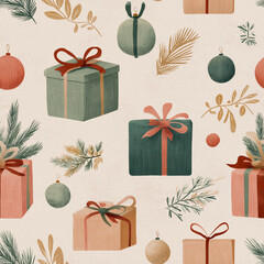 Seamless vintage Christmas pattern with gift boxes, ornaments, and pine branches. Perfect for holiday wrapping, greeting cards, textile design, and festive backgrounds.