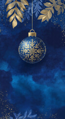 Elegant watercolor Christmas card in blue and gold palette with copy space, perfect for holiday greetings, invitations, branding, packaging, or festive digital design.