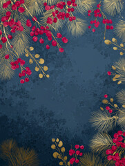Golden pine branches and red berries on a grey-blue background, perfect for elegant Christmas cards, holiday invitations, packaging, or festive winter design projects.