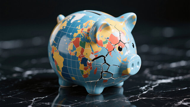 Conceptual studio image of a broken globe-painted piggy bank on a reflective surface, illustrating international economic disruption and sanctions impact on global finance.