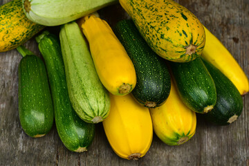 Autumn harvest squash and zucchini variety on wooden table. Fresh organic vegatables , rustic background. Assortiment of different color of zucchini.