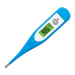 Blue digital thermometer showing a temperature isolated on transparent background