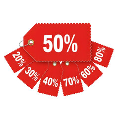 Collection of red sale tags with percentage discounts isolated on transparent background